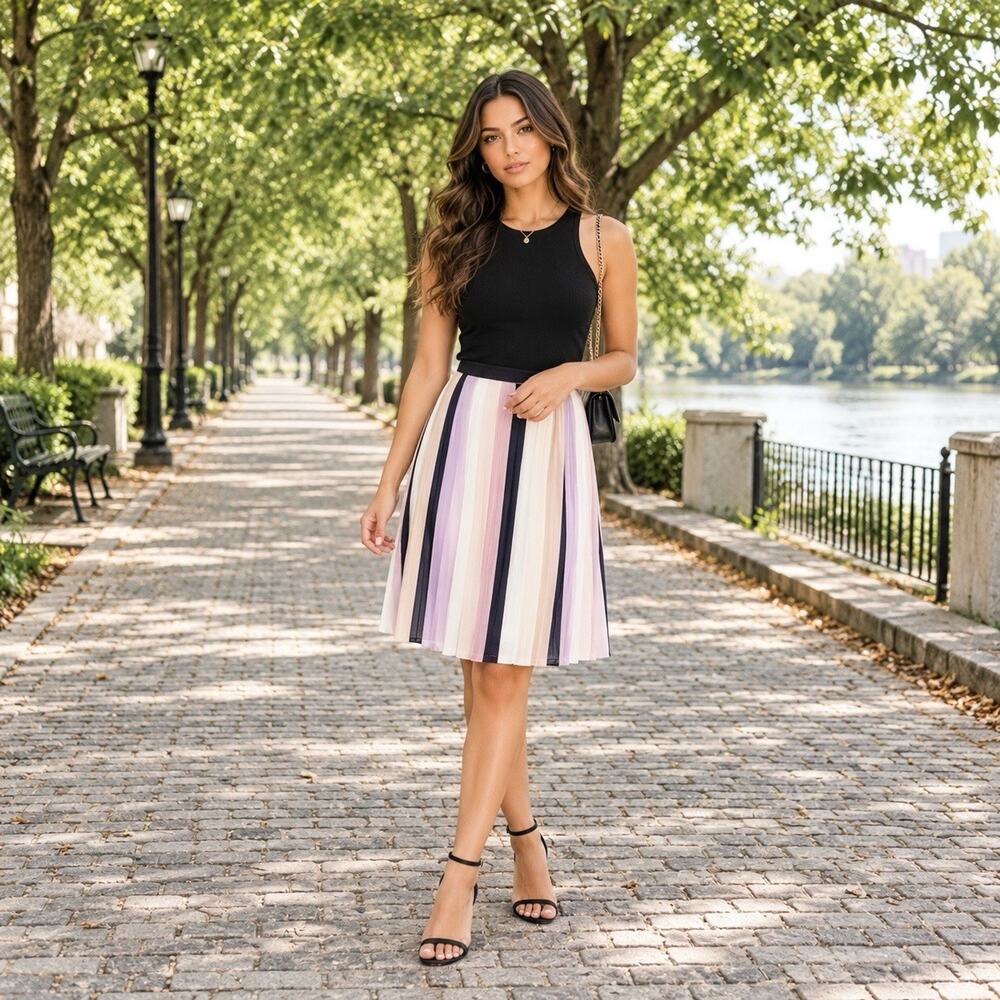 NEW Elle Pleated Elastic Waist Swing Skirt Y2K Office - Purple Stripe, Size S